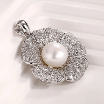 925 sterling silver claw set pave diamond flower shape pendant with freshwater pearl