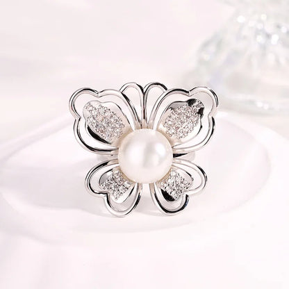 Wholesale customizable logo butterfly shape diamond inlaid 925 sterling silver pearl ring