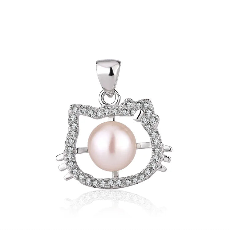 Wholesale custom made ladies 925 sterling silver necklace diamond-set dainty pearl cat animal shape charm pendant for women