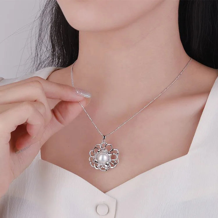 Customised name custom long chain silver flower diamond necklace single freshwater pearl pendant