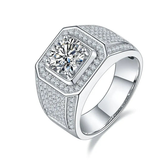 2-Carat Round Moissanite Men's Ring - S925 Silver with 18K Gold Plating, Perfect for Engagement & Hip-Hop Style Gift