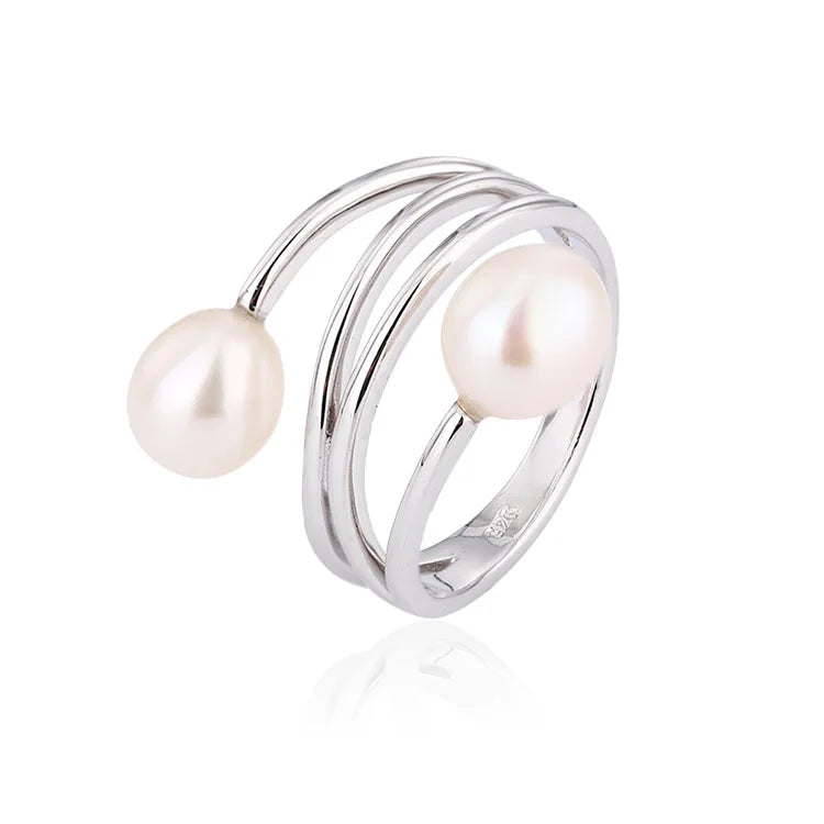 Beautiful fashionable double ring double fresh water pearl 925 sterling silver ring with two pearls