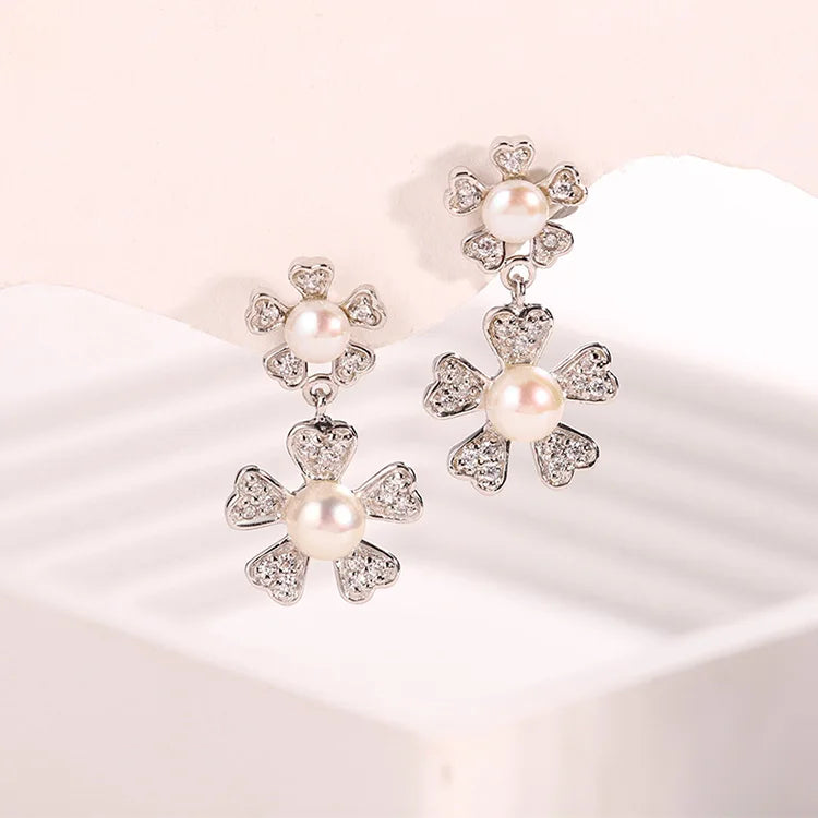 Fancy double pearl flower stud 925 sterling silver freshwater cultured pearl earrings