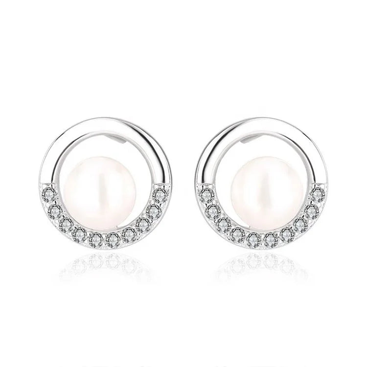 Custom logo zircon diamond gemstone circle round real pearl stud earrings for women