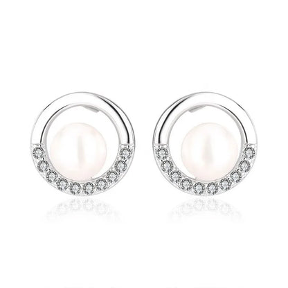 Custom logo zircon diamond gemstone circle round real pearl stud earrings for women