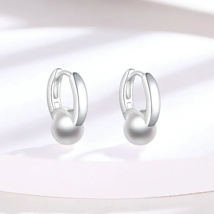 Pearl Earrings Rhodium Plated Jewellery Women Fashion Chunky Hoop Earring Silver