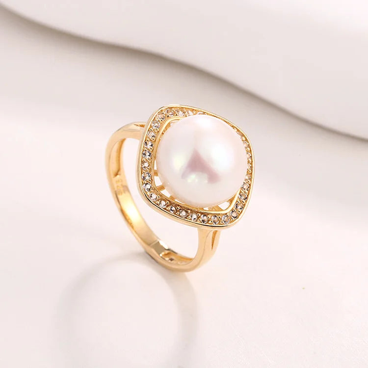 High quality wholesale price beautiful 18k gold plated 925 sterling silver ring with a pearl and zircon diamond