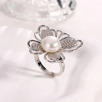 Wholesale customizable logo butterfly shape diamond inlaid 925 sterling silver pearl ring