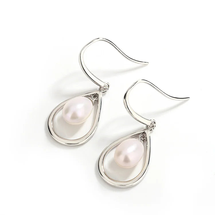 Dangle drop hook crochet teardrop 925 sterling silver freshwater cultured pearl earrings