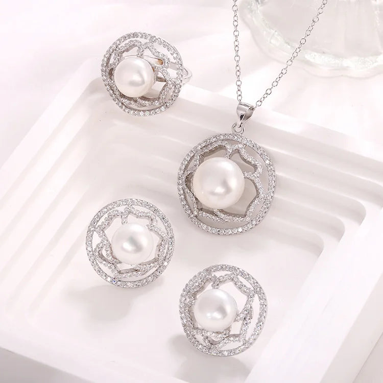 Fashion fine jewelry sets silver pearl ring earrings and pendant necklace set