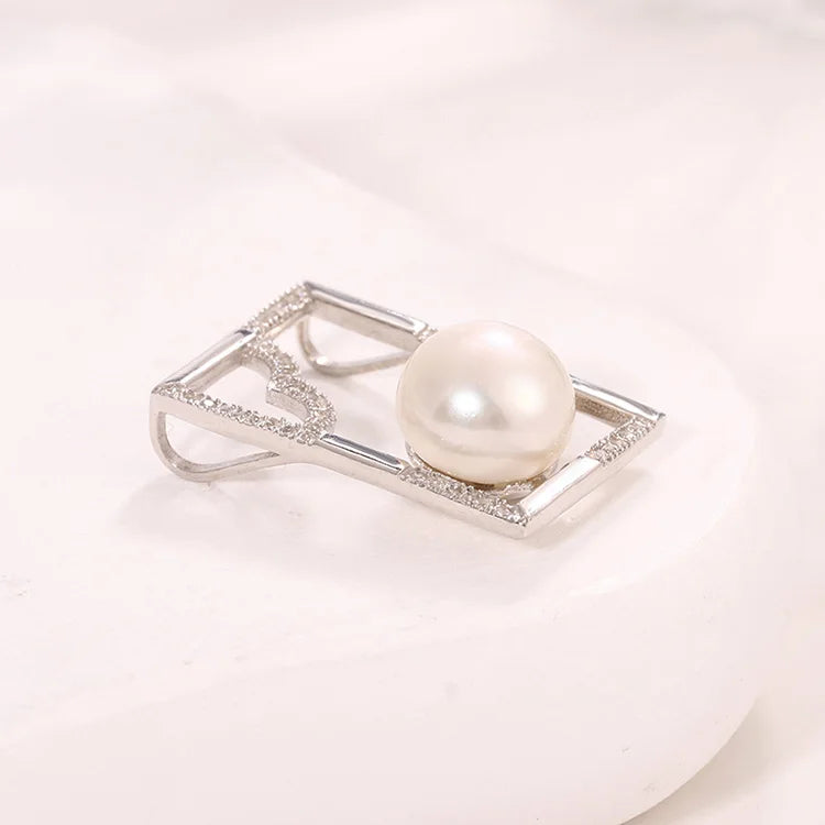 Custom diamond hollow 925 sterling silver geometric rectangle freshwater pearl charm pendant for women