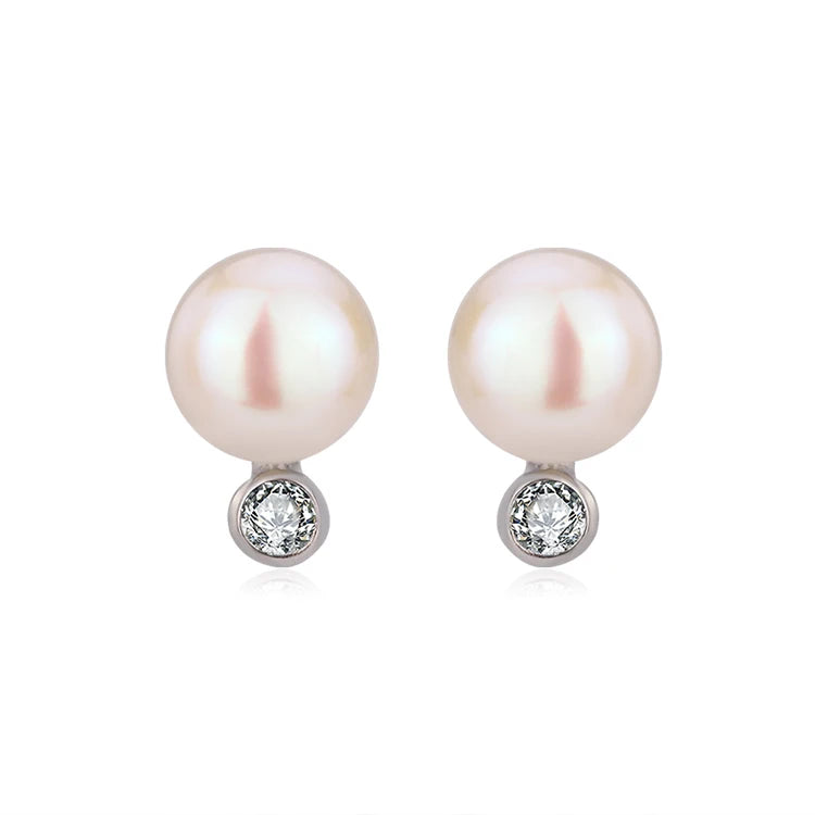 Small round stud 925 sterling silver freshwater cultured pearl earrings with a diamond