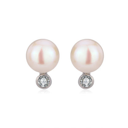 Small round stud 925 sterling silver freshwater cultured pearl earrings with a diamond