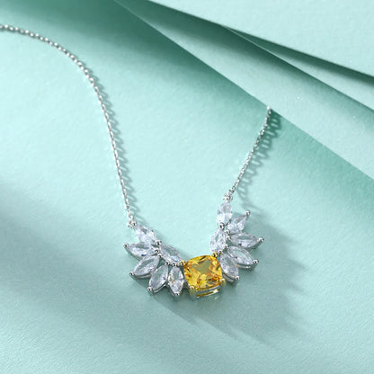 Luxury Feather Shaped Pendant Citrine Yellow Zirconia Cushion Cut 7*7mm 925 Silver Necklaces for Party