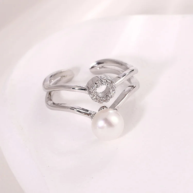 Open Adjustable Double Ring 925 Sterling Silver Women's Flash Water Pearl Ring