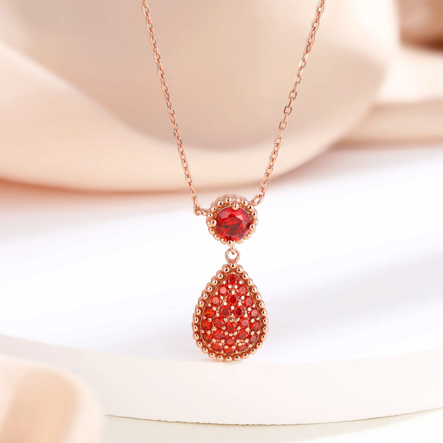 Classic Pear solitaire necklace 18k real rose gold plated cubic zirconia garnet pendant necklace 925 silver