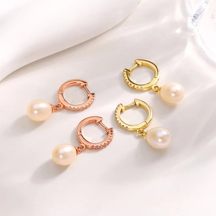 18k gold plated 925 sterling silver drop freshwater pearl women earrings with cubic zirconia