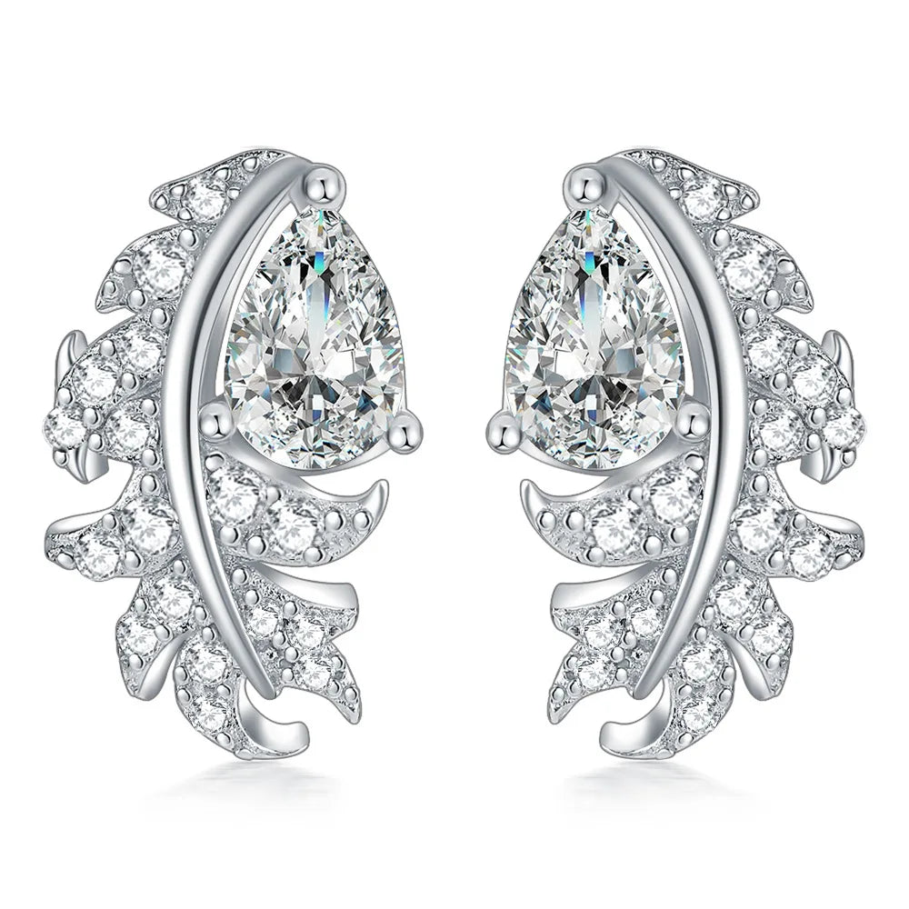 Cubic Zirconia Flower Stud Earrings Rhodium Plated Leaf Earrings Women 925 Silver Small Stud Earrings