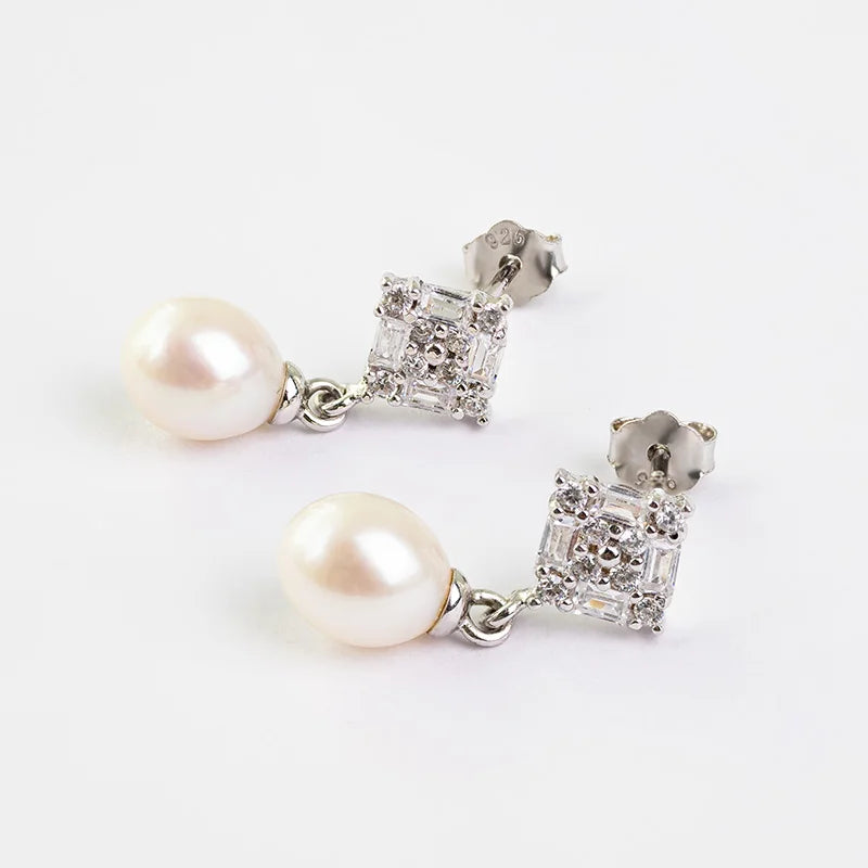 Wedding diamonds pave set 925 sterling silver freshwater pearl dangle drop earrings