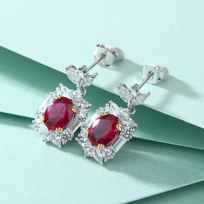 Luxury Long Earring Initial Ruby Gemstone Oval Cut 6*8mm Gold Plated Claw Setting Shiny Design 925 Sterling Silver Earring Studs