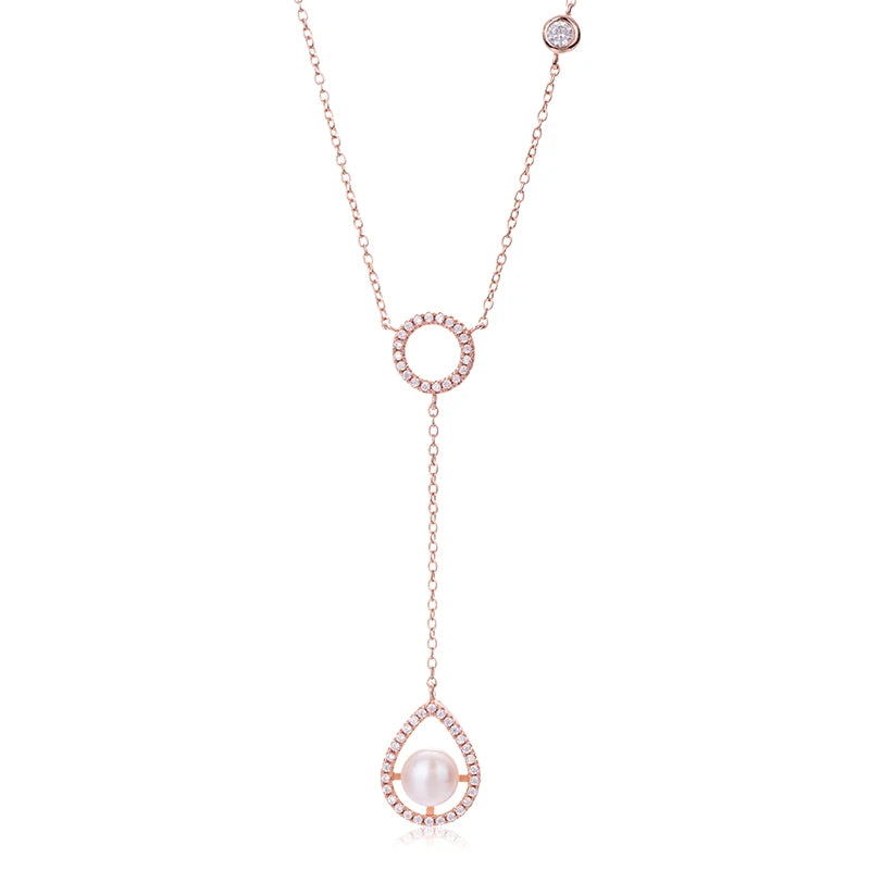 Customizable necklace rose gold plated long drop dangle pearl charm pendant necklace