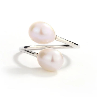 Wholesale jewelry women minimalist 925 sterling silver ring with 2 pearls