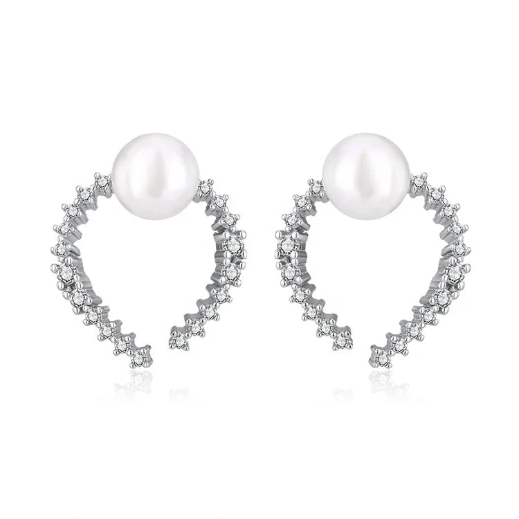 Trending fashion wholesale fine jewelry 925 sterling silver diamond and pearl lightweight stud earrings with stones for women