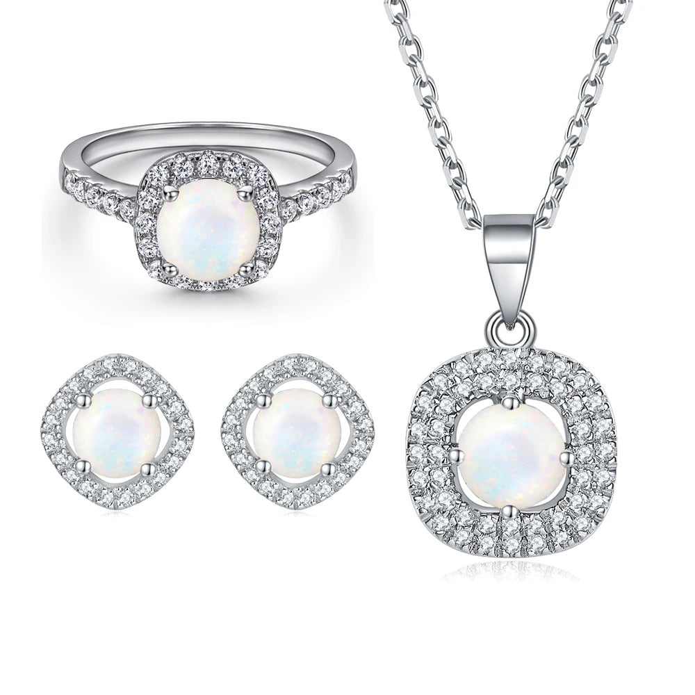 Jewelry Set 925 Sterling Silver Women Jewelry Colorful Stone Ring Necklace Earring Rhodium Plated Jewelry Sets