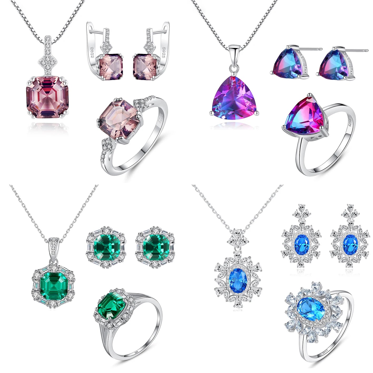 Jewelry Set 925 Sterling Silver Women Jewelry Colorful Stone Ring Necklace Earring Non Tarnish White Gold Plated Jewelry Sets