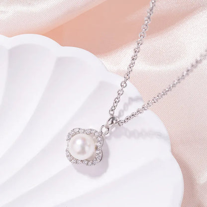 925 sterling silver necklace 4 leaf clover shaped freshwater single pearl pendant with diamond setting