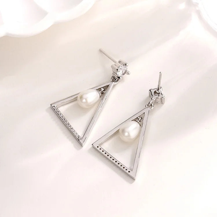 Wholesale bulk fashion statement luxury jewelry ladies womens 925 silver pearl triangle triangle earrings