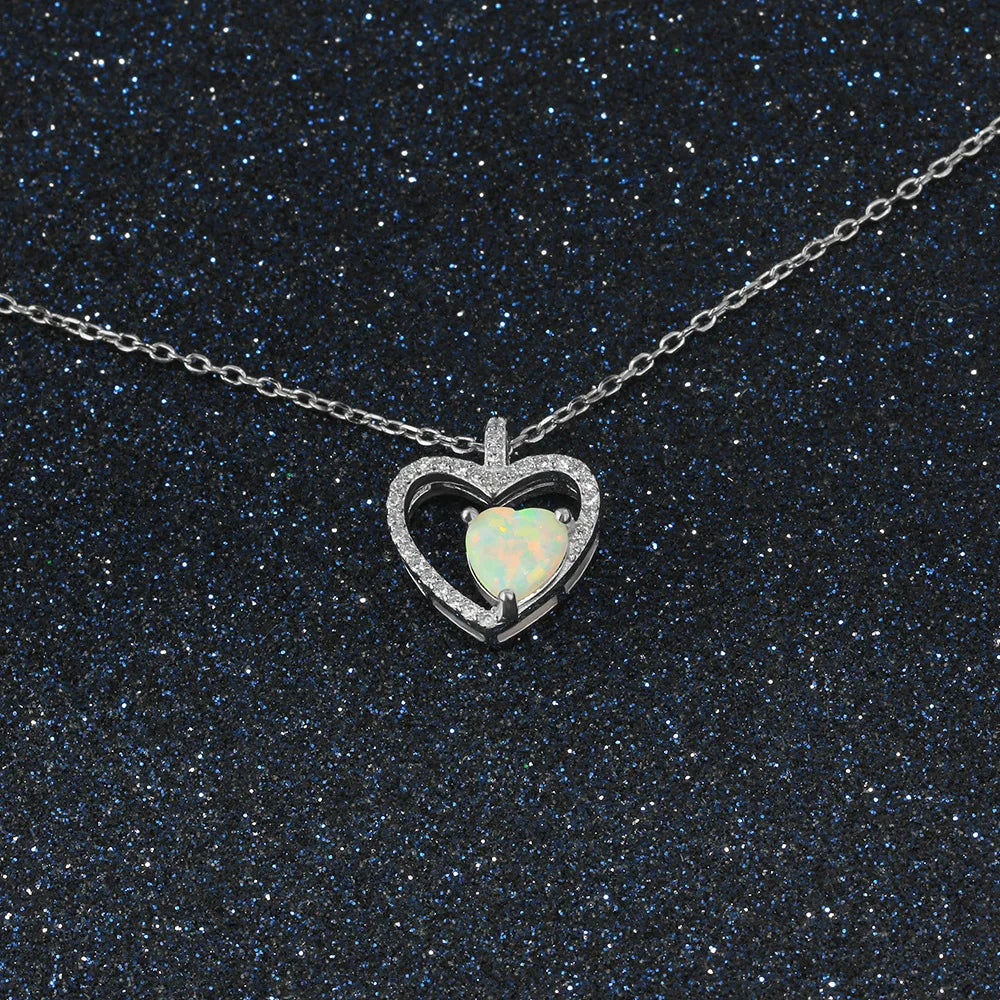 Trendy Heart mom silver cz necklace hollowed out design gift lover birth stone opal pendant 925 silver