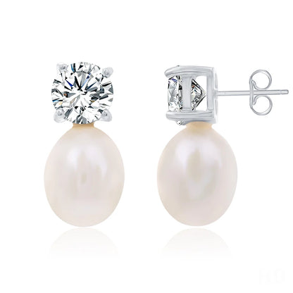 Original modern statement 925 sterling silver cultured teardrop pearl stud earrings with zircon diamond