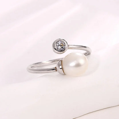 Simple 925 sterling silver opening adjustable fashion pearl ring with diamond