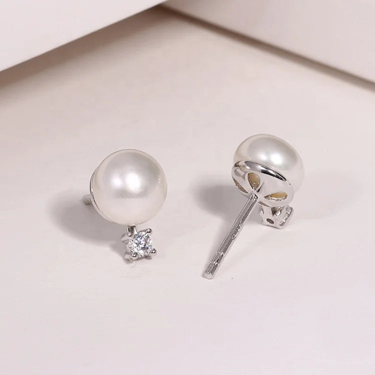 Simple fancy 925 sterling silver and natural white pearl stud earrings for women