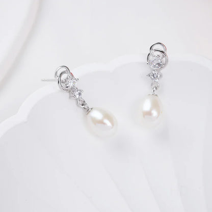 New designs cubic zirconia 925 sterling silver freshwater pearl dangle drop zircon earrings