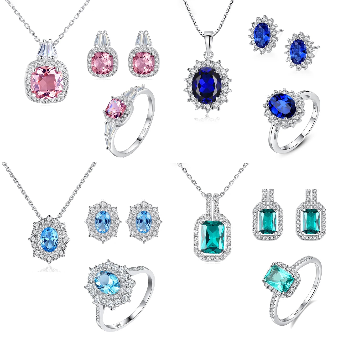 Jewelry Set  Women Jewelry Rhodium Plated Colorful Zirconia Stone Ring Necklace Earring Non Tarnish Jewelry Sets