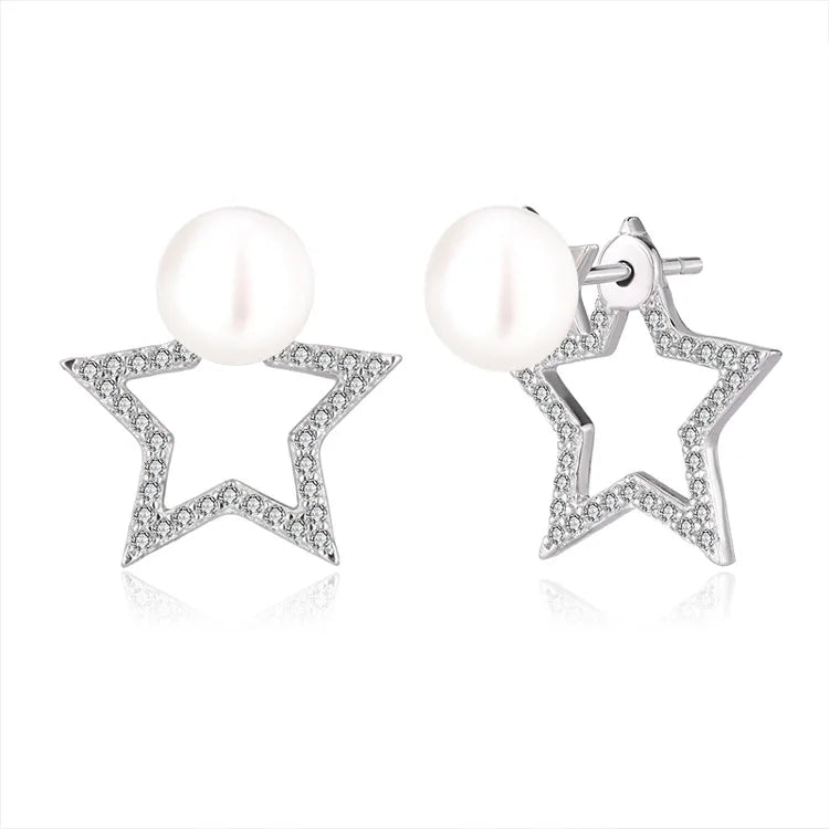 Custom logo mini oem jewelry women simple zirconia fresh water natural pearl star stud earrings