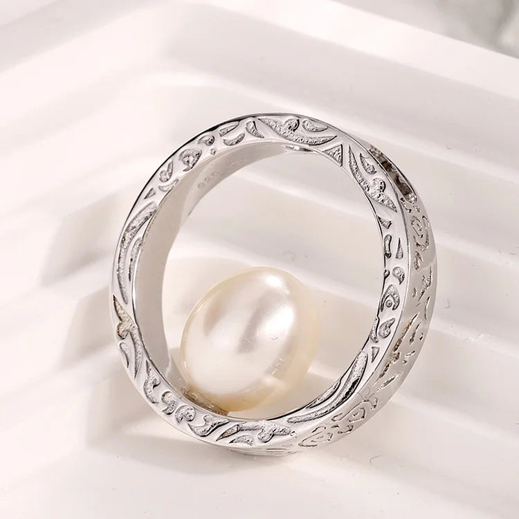 Pearl and diamond zircon-set 925 sterling silver jewelry hollow carved circle charms pendants