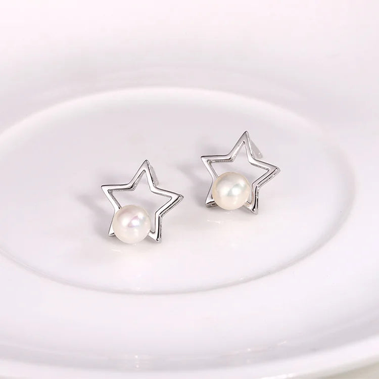 Fashion jewelry 925 sterling silver natural freshwater real pearl exquisite star stud earrings for women