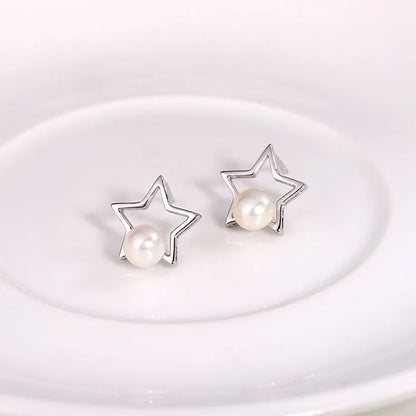 Fashion jewelry 925 sterling silver natural freshwater real pearl exquisite star stud earrings for women