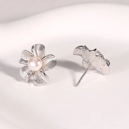 Flower floral studs 925 sterling silver real freshwater cultured pearl earrings