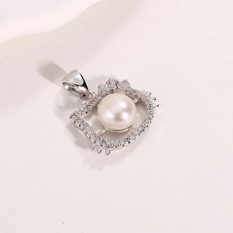 Wholesale custom made ladies 925 sterling silver necklace diamond-set dainty pearl cat animal shape charm pendant for women