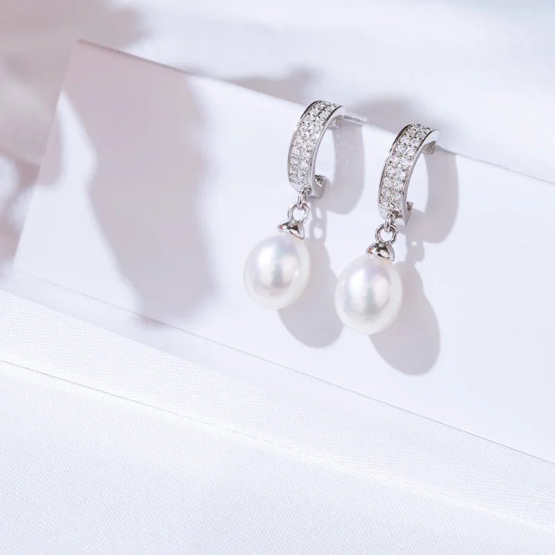 Wedding diamonds pave set 925 sterling silver freshwater pearl dangle drop earrings