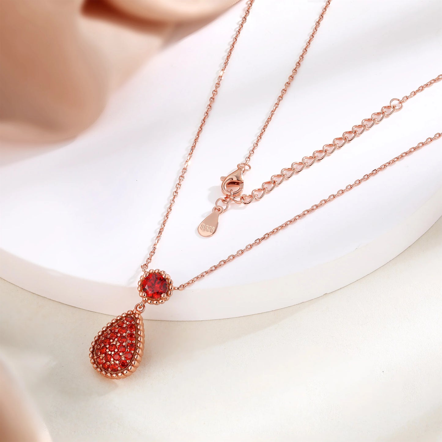 Classic Pear solitaire necklace 18k real rose gold plated cubic zirconia garnet pendant necklace 925 silver