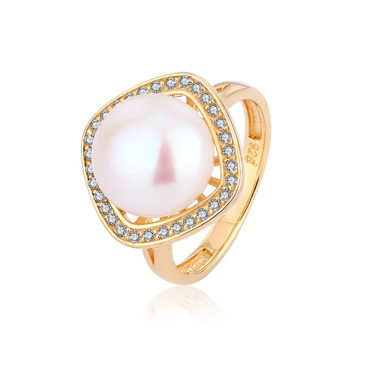 High quality wholesale price beautiful 18k gold plated 925 sterling silver ring with a pearl and zircon diamond