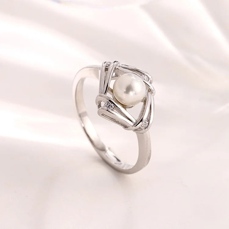 Custom logo 925 sterling silver pearl and diamond wedding ring with a pearl