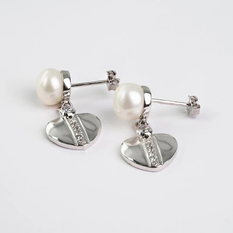 Fashion jewelry 925 sterling silver love heart shaped diamond freshwater pearl dangle drop earrings