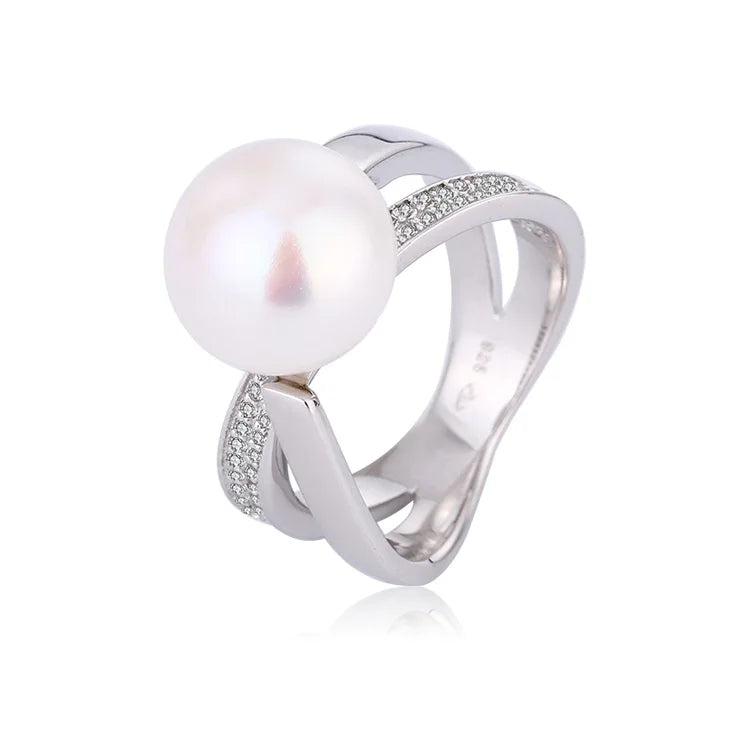 Fashion fine jewelry s925 silver freshwater pearl ring inlaid with moissanite diamonds