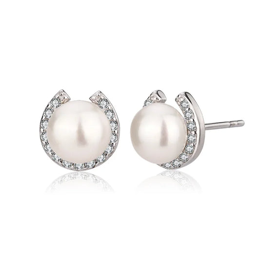 Designer 6mm pearl genuine 925 sterling silver diamond and freshwater cultured pearl women's stud earrings for women